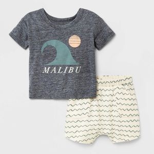 2pc Grayson Mini Malibu Baby Boys’ Top & Shorts Set - Gray & Cream Zig Zag